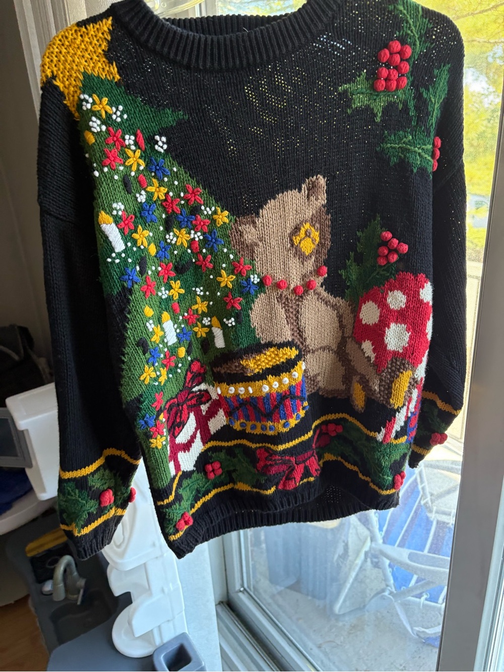Rafaella Black Holiday Teddy Crewneck Sweater with Festive Motifs